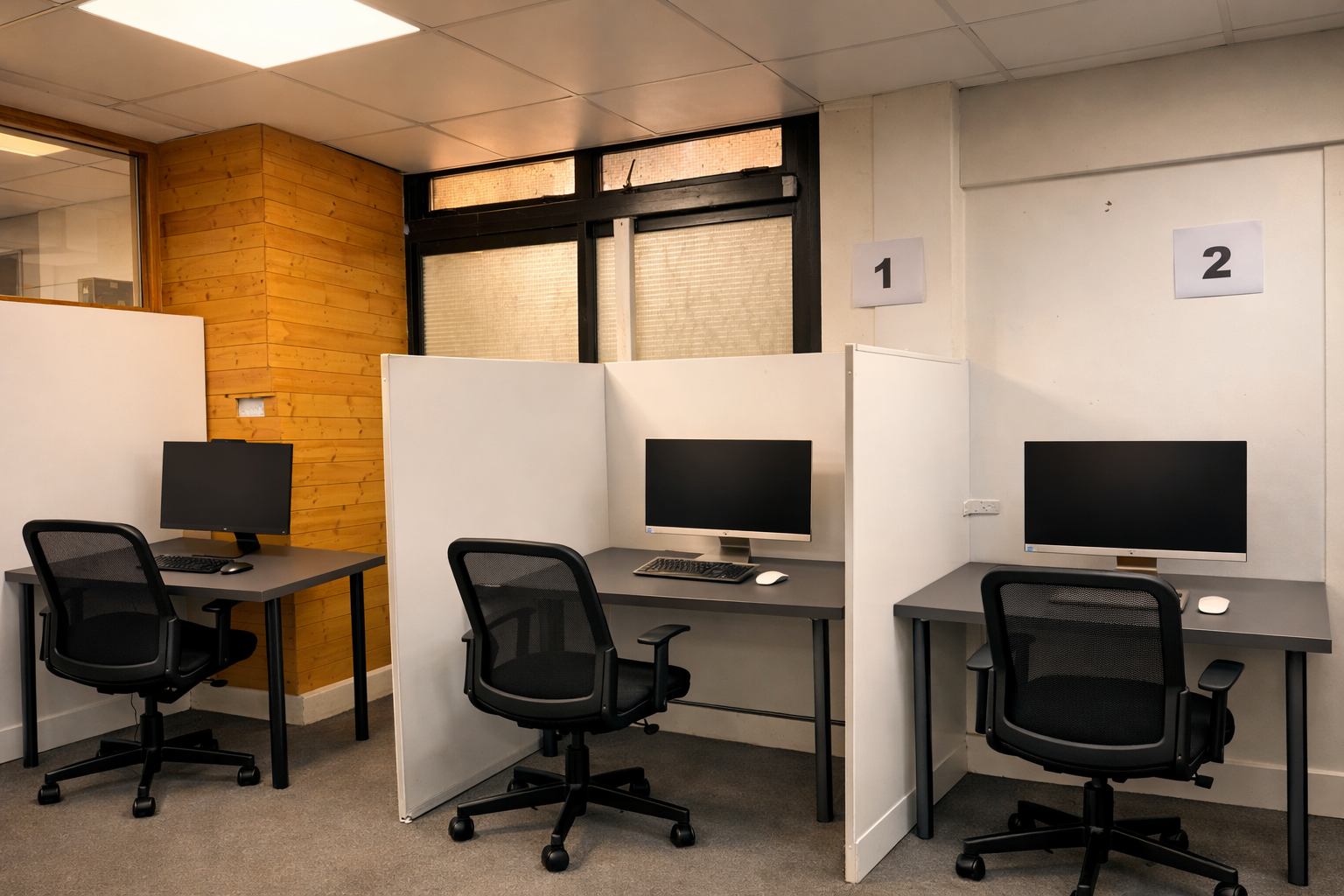 ACCA CBE exam room at Ark Education Centre Ilford — numbered workstations with privacy dividers
